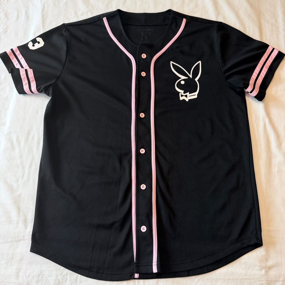 Playboy Style Black Pink Mesh Baseball Jersey Button Up Shirt Size L